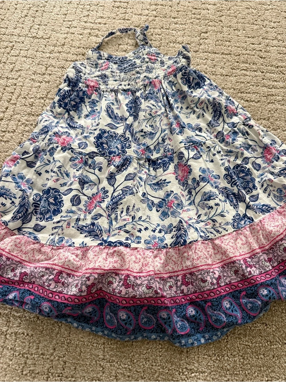 Old Navy White Maxi Dress with Blue Floral and Pink Trim